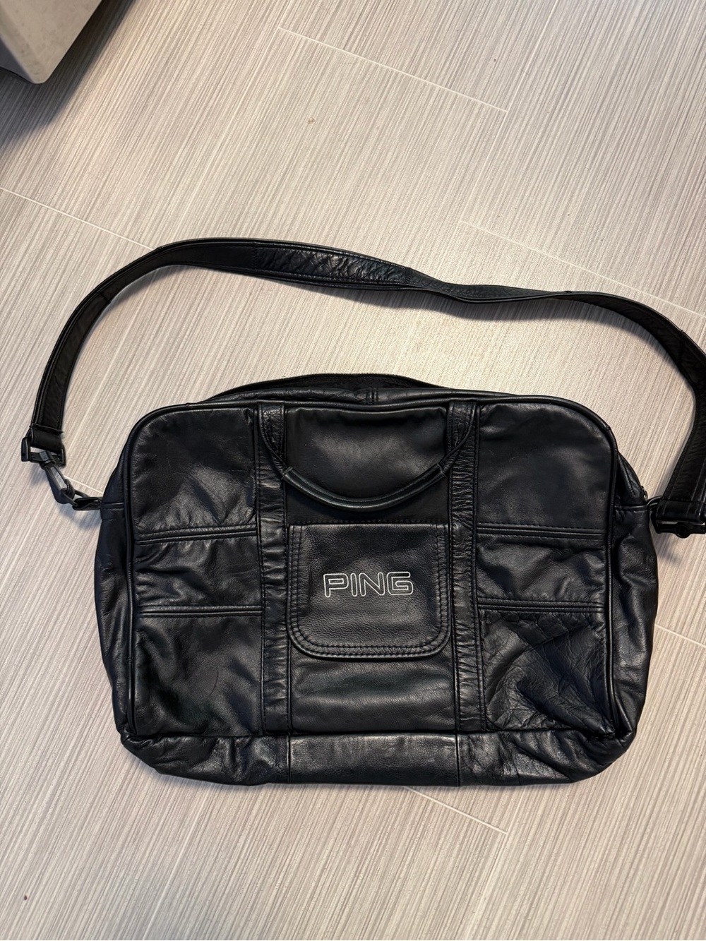 PING Black Leather Messenger Bag with Shoulder Strap